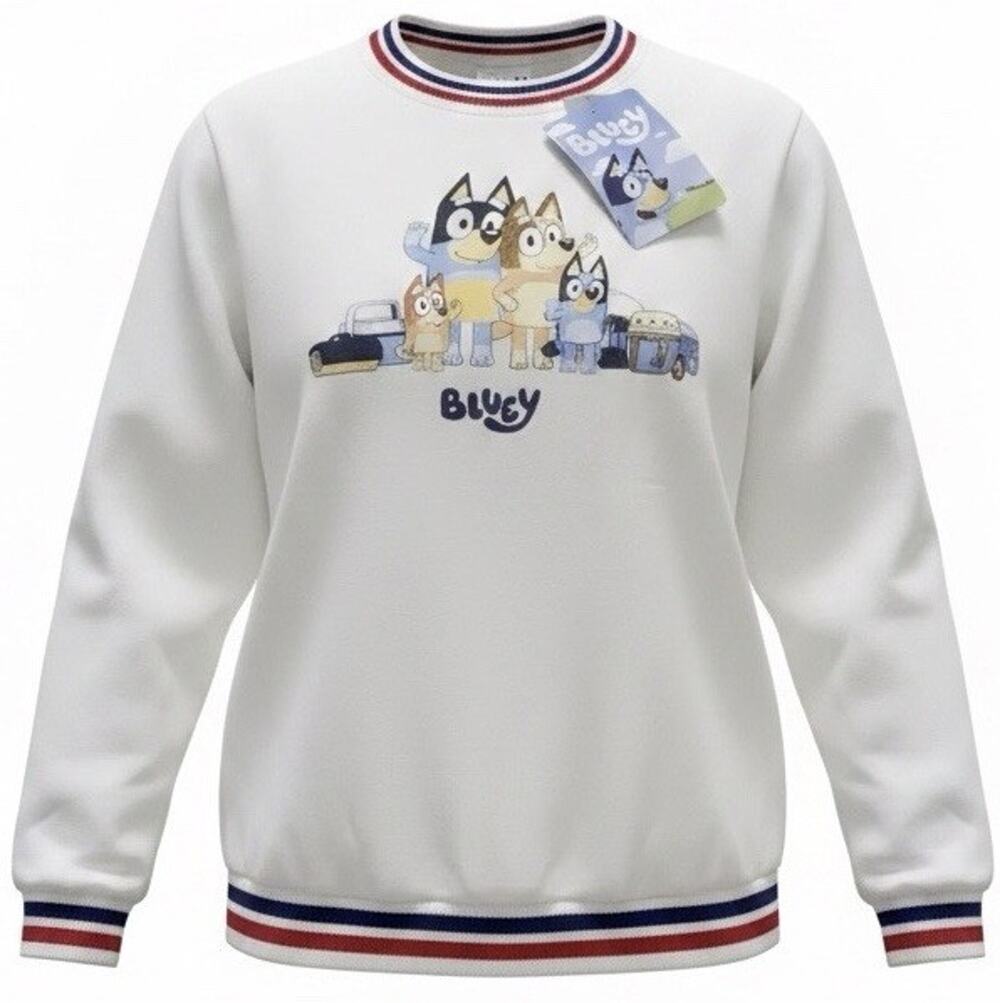 Bluey Adult XS Crewneck Sweatshirt Cream Graphic Ribbed Trim NEW